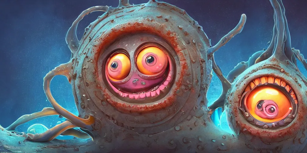 Image similar to of an intricate deep sea with strange cute friendly happy creatures with huge eyes, long tongue, round teeth and goofy funny face, appearing from the background, in the style of gehry and gaudi, macro lens, shallow depth of field, ultra detailed, digital painting, trending artstation, concept art, illustration, cinematic lighting, photorealism, epic, octane render