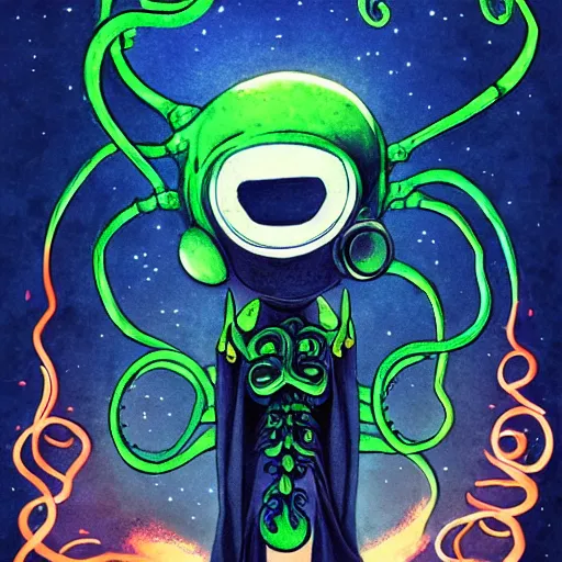 Prompt: cute anime portrait of alien humanoid full body with four tentacles on his feet five eyes on his face with his ship destroyed