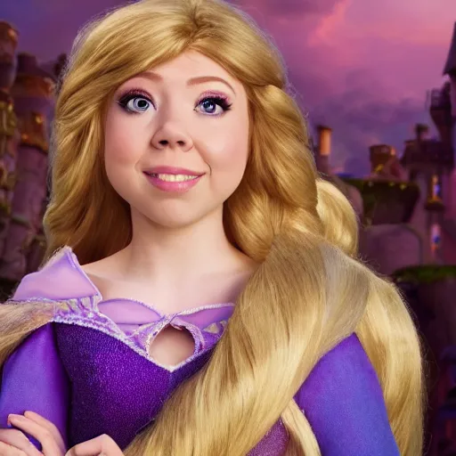 Image similar to Jennette McCurdy as Rapunzel in disney tangled live action, 8k full HD photo, cinematic lighting, anatomically correct, oscar award winning, action filled, correct eye placement,