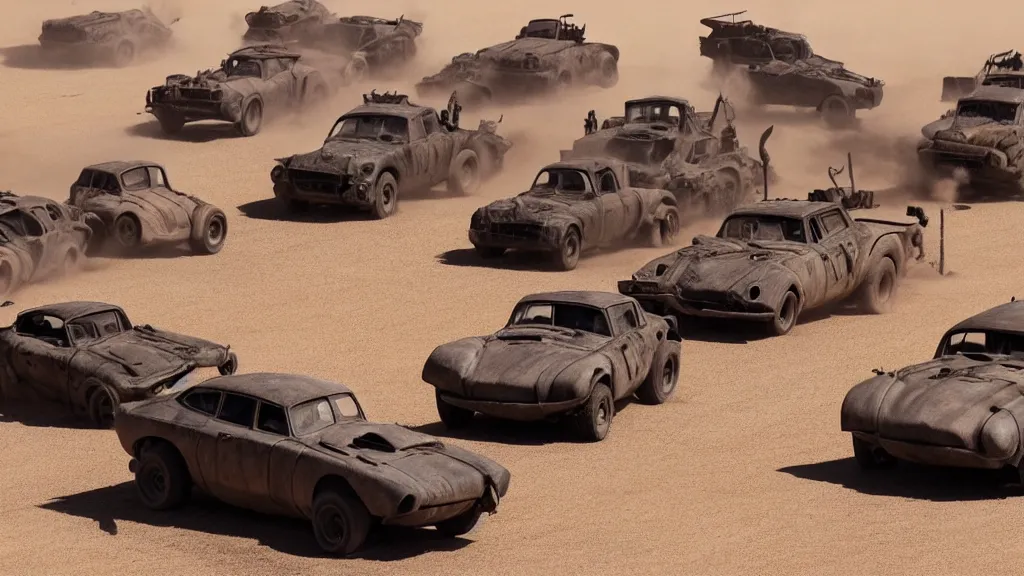 Image similar to pixar cars in mad max fury road, war boys, furiosa, imax