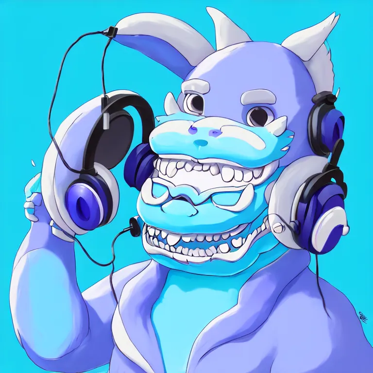 Prompt: a chubby anthropomorphic male blue dragon fursona, blue bubble gum, headphones on his head, cute, furry, beautiful, soft colors, oil on canvas, soft lighting