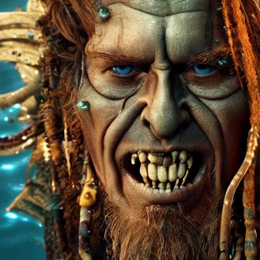 Prompt: Willem Dafoe face, Davy Jones, pirates of the caribbean, octane render, super realistic, portrait shot, under water, light particles, blue and green color