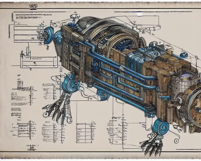 Prompt: a full page of a mechanical blueprint showing a simple cutaway design for a small mechanized wolf from howl's moving castle ( 2 0 0 4 ), with a pilot inside, muted colors, post grunge, studio ghibli, hq