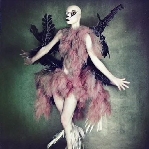 Image similar to damaged kodak portra 4 0 0, wetplate, photo of a surreal artsy dream scene,, very beautiful model, weird fashion, grotesque, extravagant dress, strange pose, carneval, with an animal, wtf, photographed by paolo roversi style