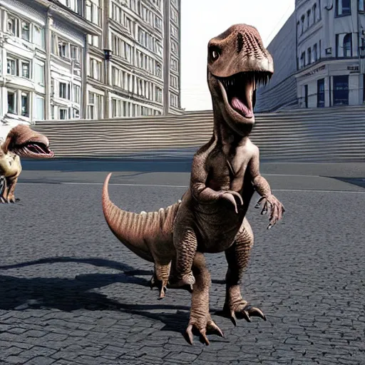 Image similar to dinosaurs walking in Helsinki city center, urban, hyper realistic, CGI, macro