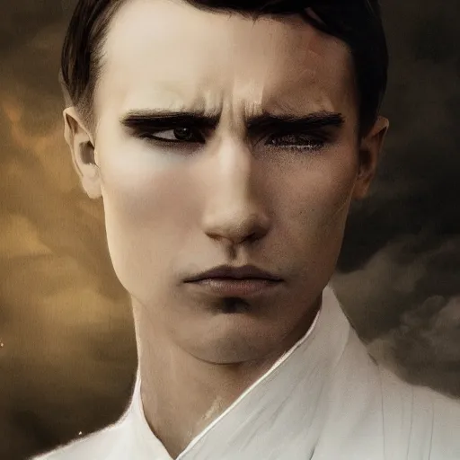 Image similar to portrait of a regal prince with sharp cheekbones, white clothes, high collar, close up, wistful melancholic hopeful expression. he is surrounded by angry people. super details, modern digital art, matte painting, science fiction