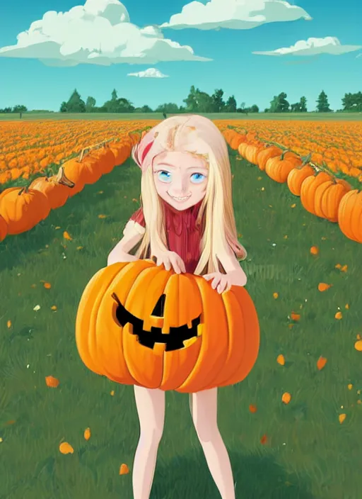 Image similar to little girl with long blonde hair happy at the pumpkin patch. clean cel shaded vector art. shutterstock. behance hd by lois van baarle, artgerm, helen huang, by makoto shinkai and ilya kuvshinov, rossdraws, illustration, art by ilya kuvshinov