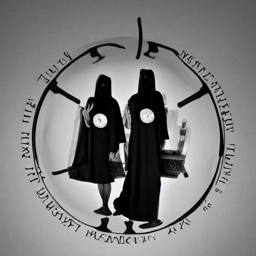 Image similar to black and white, award winning photo, levitating twin nuns each having 6 arms, wearing pentgram necklace, a guillotine is depicted, the nuns have Very long arms, in a sanctuary, eerie, frightening —width 1024 —height 1024