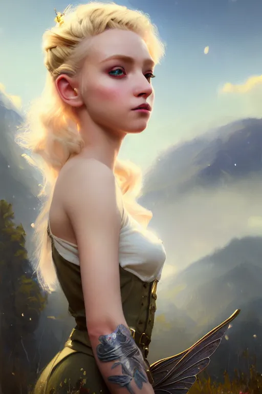 Image similar to cinematic shot of an epic portrait of a cute blonde fairy dressed in military clothes, stylised military clothes, large wings on back, shiny skin, beautiful, small details, realistic poster with volumetric light from jeremy lipkin and michael garmash, craig mallism, artgerm, unreal engine, radiant light, digital art, trends at art station, a masterpiece