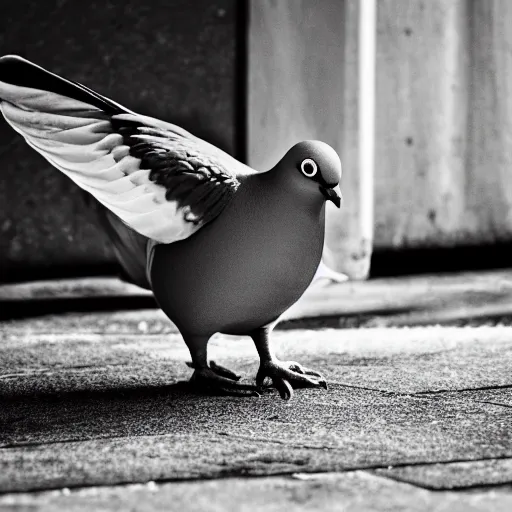 Prompt: a pigeon wearing a costume, photography BW