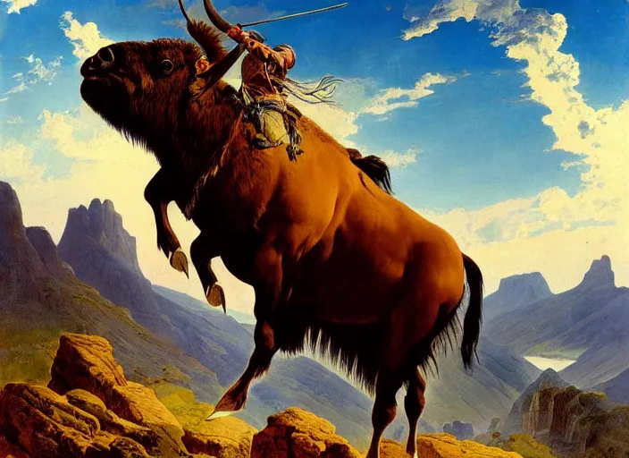 Image similar to beautiful native american riding bison, buffalo, powerful native american warrior, mountain range, beautiful sky, standing on the edge of a cliff, nineteenth century, painted by frazetta