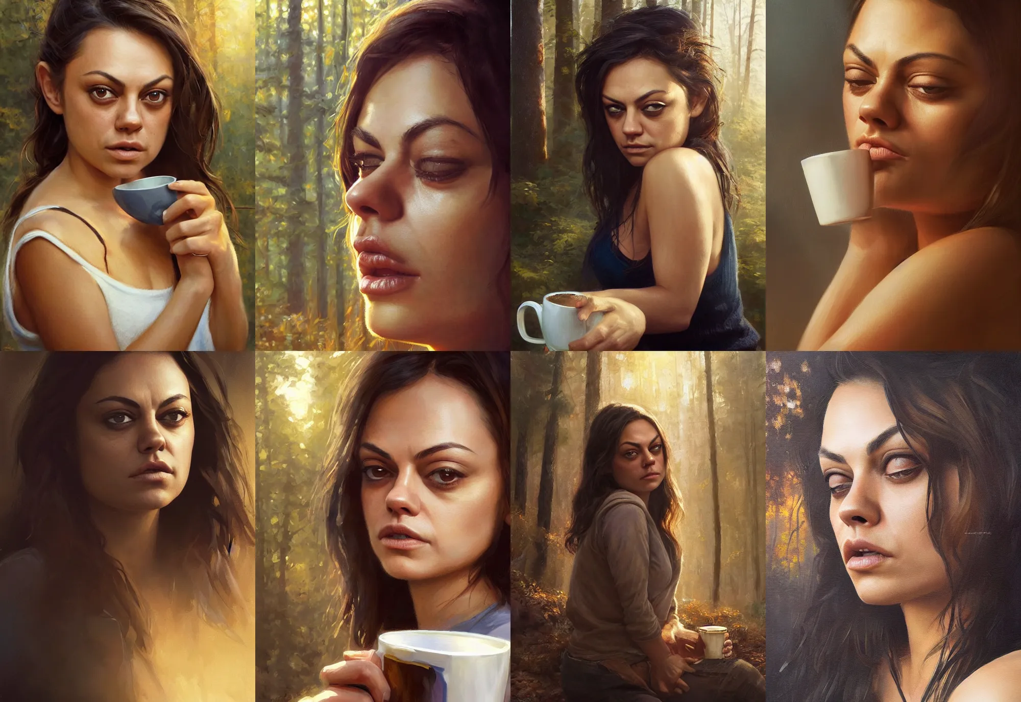 Prompt: close portrait of sleepy mila kunis waking up with coffee, dramatic light, morning golden hour, forest cabin background, 2 0 0 mm focal length, painted by stanley lau, painted by greg rutkowski, painted by stanley artgerm, digital art, trending on artstation