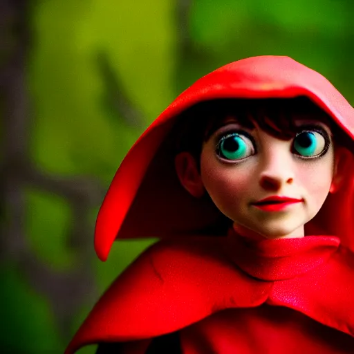 Prompt: a cinematic film still of a claymation stop motion film starring emma watson as little red riding hood, looking at wild wolf, shallow depth of field, 8 0 mm, f 1. 8