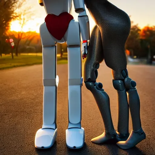 Image similar to a calming photograph of a tall, slender, humanoid robot caresses a beautiful woman in the face, large shot, wide shot, in a street, sunset photo