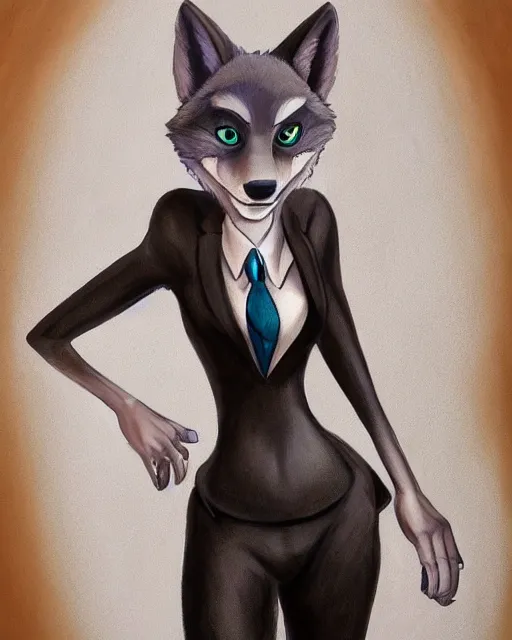 Image similar to full body oil painting of anthromorphic female wolf, in style of zootopia, female fursona, furry, furaffinity, 4 k, deviantart, furry art, fursona art, wearing black business suit, business suit, wolf fursona, female, very expressive detailed feminine face,