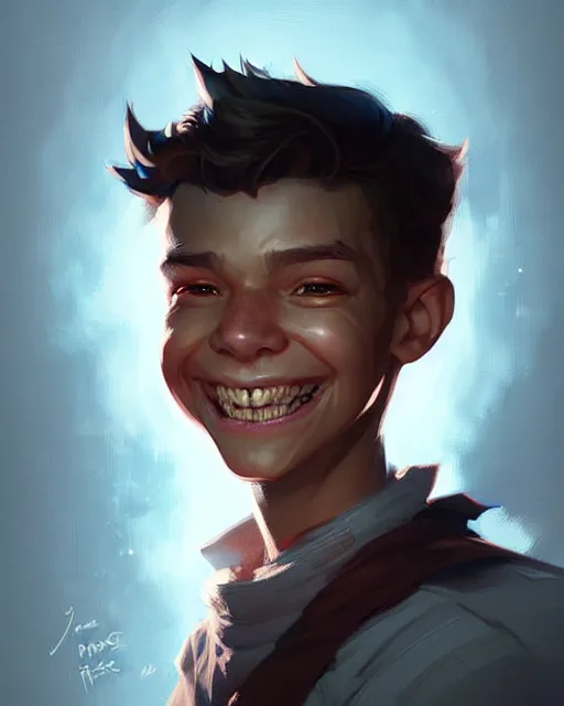 Prompt: digital art, fantasy portrait of a boy with a large smile, by james jean and greg rutkowski, by ross tran, ultra detailed, character design, concept art, trending on artstation,