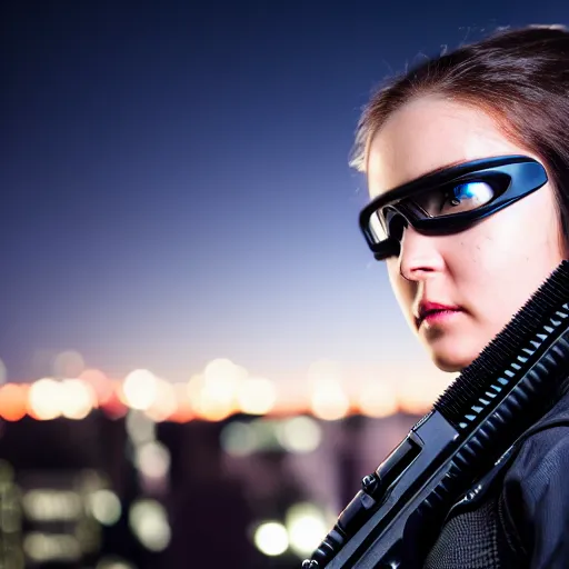 Image similar to photographic portrait of a techwear woman holding a shotgun, closeup, on the rooftop of a futuristic city at night, sigma 85mm f/1.4, 4k, depth of field, high resolution, 4k, 8k, hd, full color