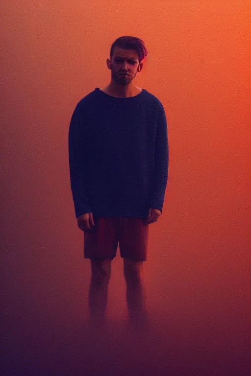 Image similar to a masculine manly man with a vulnerable pose, macro photography, long exposure photograph, surrealism, anamorphic bokeh, cozy, soft light, orange and teal, caustic, atmospheric fog, octane render, cinematic