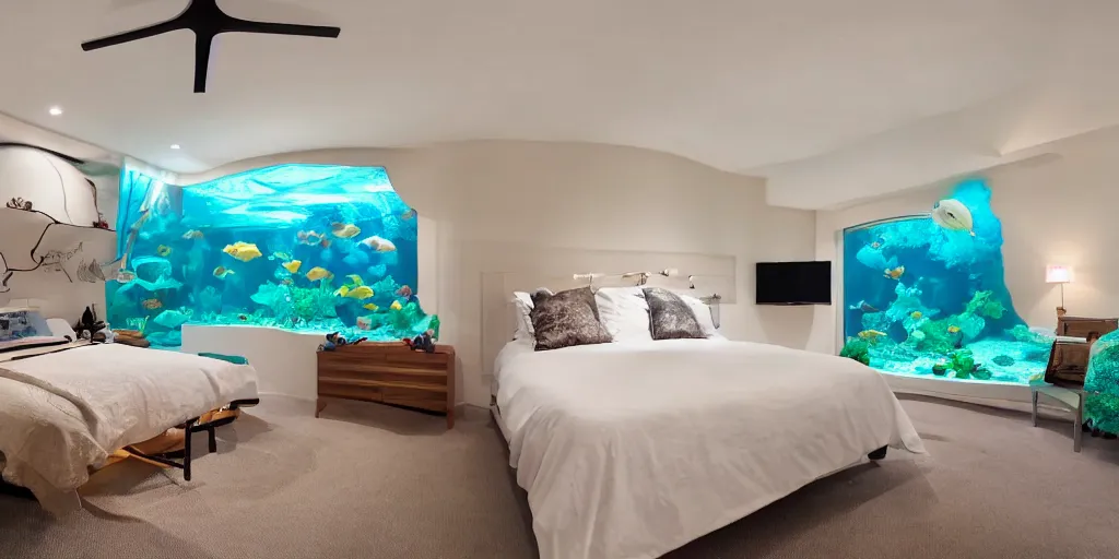 Prompt: a bedroom with an aquarium behind the headboard, rays of light from the television on at midnight, calm environment, cinematic lighting, glare