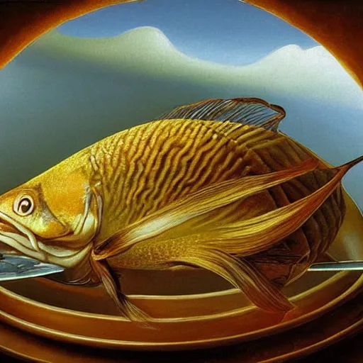 Image similar to a fish on the top of a pile of fish, inside a cooking pot, side view, by vladimir kush, dystopian aer, rococo