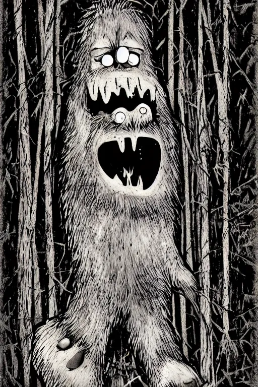 Image similar to mad bigfoot screaming in the woods artwork by ben templesmith