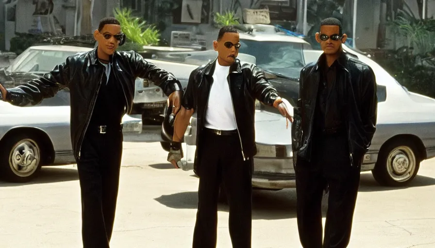 Prompt: michael jackson with short hair and will smith in men in black 3