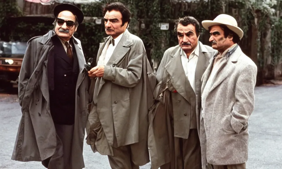 Image similar to david suchet's poirot with peter falk's columbo, film still, period piece