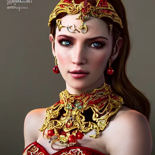 Prompt: photograph of wonderful princess with smooth fair skin, alluring eyes, red jewelry, breathtaking, elegant, ornate, intricate, hyper detailed, accent lighting, dramatic light, 4 k octane render