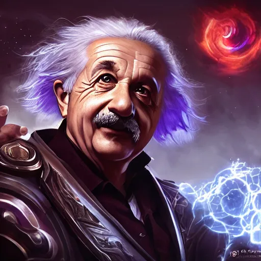 Image similar to Portrait of Albert Einstein as a spellcaster, League of Legends amazing splashscreen artwork, Gears of War, splash art,natural light, elegant, photorealistic facial features, intricate, fantasy, detailed face, atmospheric lighting, anamorphic lens flare, cinematic lighting, league of legends splash art, hd wallpaper, ultra high details by Greg rutkowski