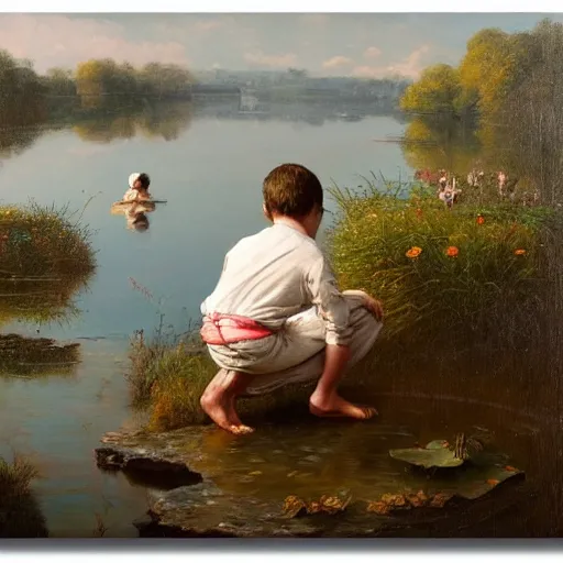 Prompt: in the style of William Whitaker, a boy is Looking at the lotus in the lake,very high details, facial details, Realism painting, 4K ,