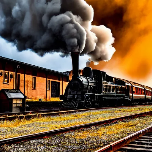 Prompt: train with steam locomotive leaving the station, dramatic cinematic angle and lighting