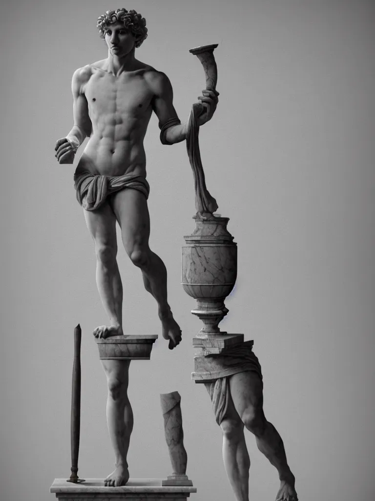 Prompt: a full body image of a twenty - something michelangelo standing in contrapposto wearing peasant clothing of the renaissance. a chisel and mallet sit on a table nearby. a large block of marble dominates the background. photorealistic, hyperdetailed, studio lighting, octane render, caustics