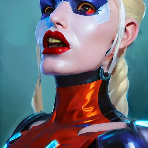 Prompt: greg manchess portrait painting of harley queen as cyber overwatch character, medium shot, asymmetrical, profile picture, organic painting, sunny day, matte painting, bold shapes, hard edges, street art, trending on artstation, by huang guangjian and gil elvgren and sachin teng