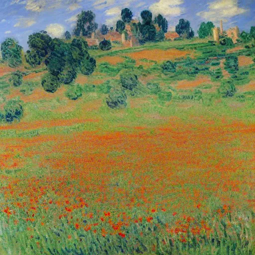 Prompt: A vast field of poppy flowers under a blue sky by Monet, village in distance