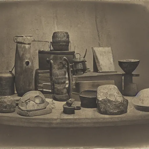 Image similar to Tintype photograph of primitive objects displayed in an ethnographic museum, archive material, anthropology, 1920s studio lighting.