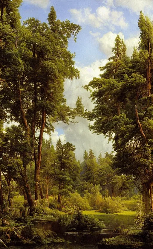 Prompt: artwork painting of a lush environment by eugene von guerard, ivan shishkin