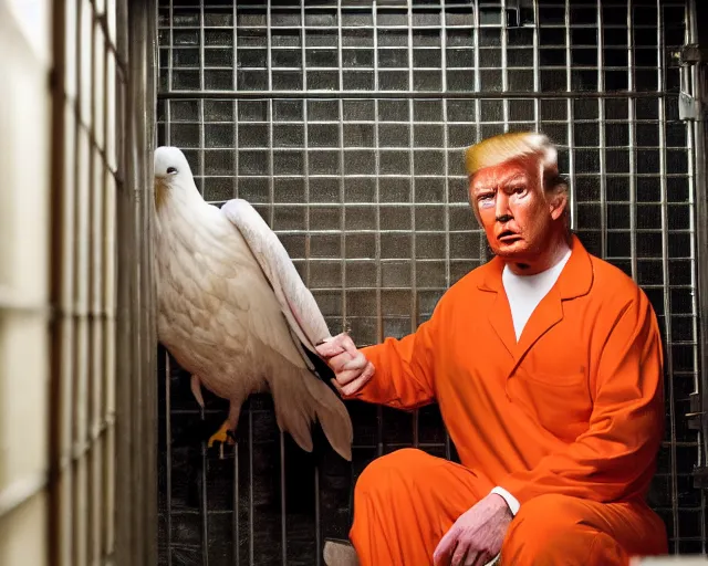 Prompt: Medium Shot Donald Trumps wearing orange pajamas kissing an eagle while sitting in a jail cell in solitary confinement in a maximum security prison, octane, dramatic lighting, editorial photo, 35mm, very detailed