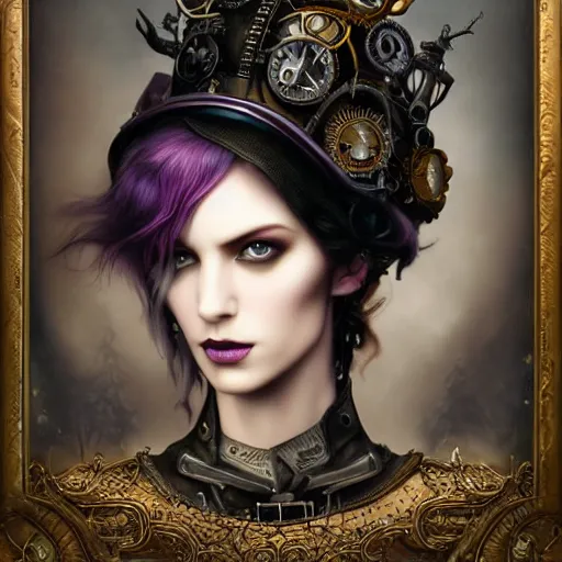 Image similar to rudolf freund dan mumford tom bagshaw, dream world, photorealistic soft paint of a single very beautiful aristocrat full long steampunk armored, ultra deep fog, purple black lustrous thin haircut, partial symmetry accurate features, focus, very intricate ultrafine details, award winning masterpiece, steampunk world