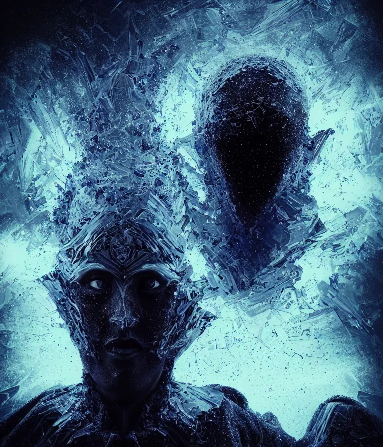 Image similar to impressive ominous front!! shot photo of a court jester character fine portrait fine portrait mesmerizing fractal hyper cubes platinum cracked dark future hyper dimensional space galactic crystal nebula edges elegant detailed intricate concept artstation sharp focus ray tracing cinematic masterpiece temporal corruption beeple wlop germ 8 4 k scifi glossy hyper realistic illustration canon eos r 3 fujifilm x - t 3 0 sony alpha a 6 6 0 0