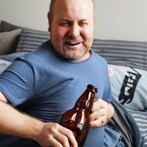 Image similar to a middle aged man, thinning hair, wearing under shirt and underpants, holding a beer, showing off his (racecar! bed) in his apartment.