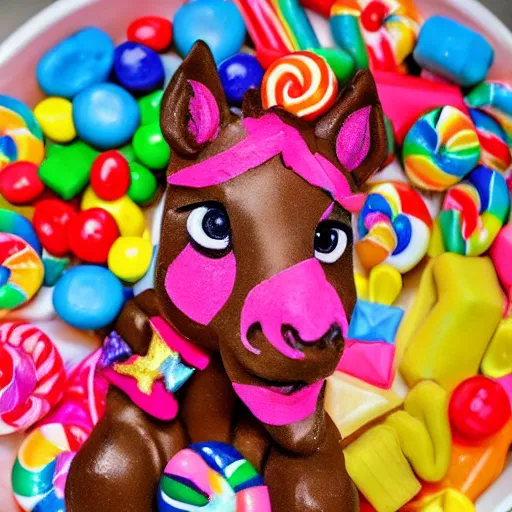 Image similar to a pony made out of candy and sweet and deserts, very detailed, very smooth, very realistic, pov,