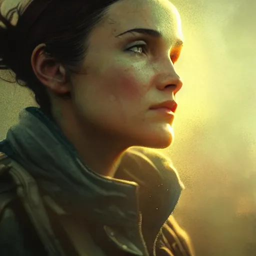 Prompt: fallout 5, charismatic brunette female protagonist, portrait, outdoors scene, somewhere in a low density rural town, atmospheric lighting, painted, intricate, volumetric lighting, beautiful, daytime, sunny weather, slight overcast, sharp focus, deep colours, ultra detailed, by leesha hannigan, ross tran, thierry doizon, kai carpenter, ignacio fernandez rios