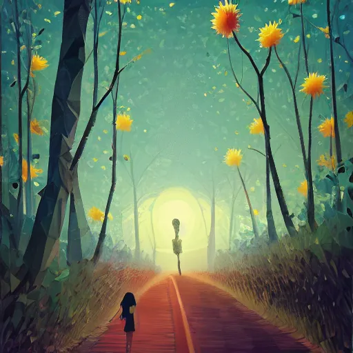 Prompt: low poly, pixar, giant sunflower as a face, girl walking between big trees, hills, surreal photography, dark night, star trails, dramatic light, impressionist painting, clouds, digital painting, artstation, simon stalenhag