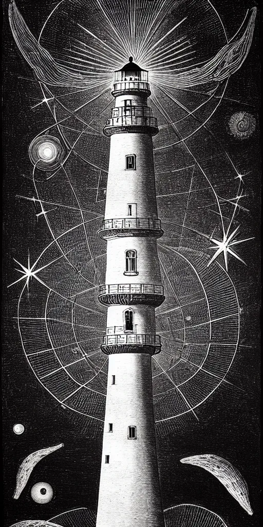 Image similar to an epic lighthouse radiates a unique canto'as above so below'while being ignited by the spirit of haeckel and robert fludd, breakthrough is iminent, glory be to the magic within, in honor of saturn, painted by ronny khalil