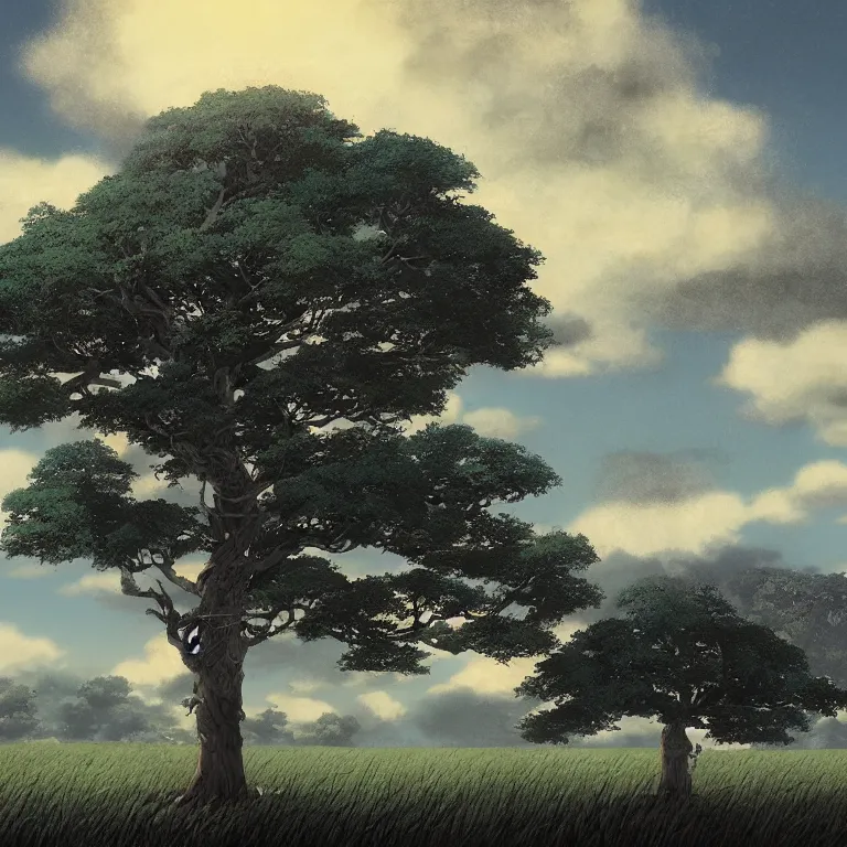 Image similar to a giant tree in a field with a sky background, a detailed matte painting by kaii higashiyama, cgsociety, sosaku - hanga, matte painting, anime, concept art