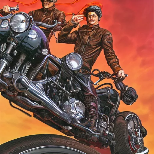 Prompt: Akira motorcycles by Joe Jusko, rendered in hyperdetailed Ultra HD, trending on ArtStation, luminous
