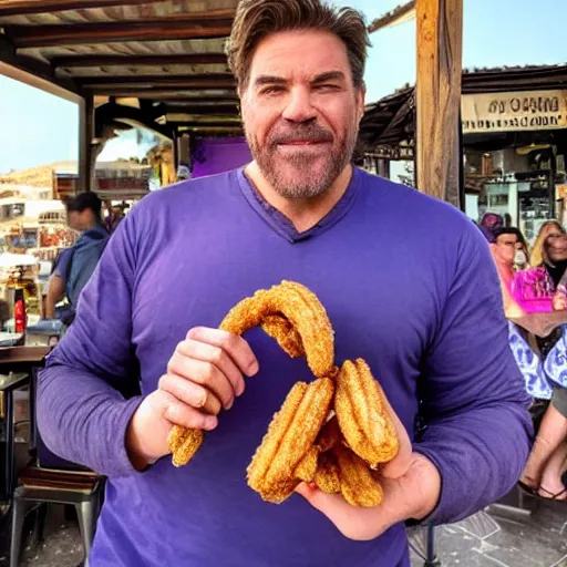 Image similar to thanos from mcu eating a churros at a bar in tharros ( sardinia )