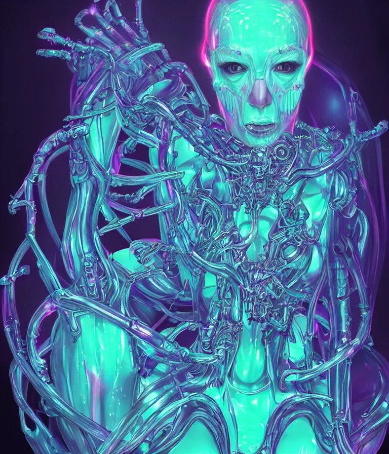 Prompt: fully symmetrical centered iridescent portrait of a beautiful princess demon in robe. skulls artificial muscles, ribcage, bones, hard surface modelling. cyberpunk look. biomechanical mask. bio luminescent biomechanical halo around head. neon jellyfish. artwork by jarold Sng by artgerm, by Eddie Mendoza, by Peter mohrbacher by tooth wu, by hr giger, unreal engine, octane render, cinematic light, high details, iridescent colors, dichroic, macro, depth of field, blur