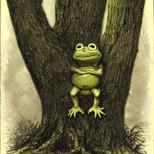 Prompt: Dark Forest fractal Light Through Canopy black sky Ziricote Ivory Brazilian Rosewood wandering pepe the frog standing upright the value of grief and loss Dark Forest Canopy loss, Luminism, pepe the frog, 8k, art in the style of Francisco de Goya and Thomas Cole and Gustave dore