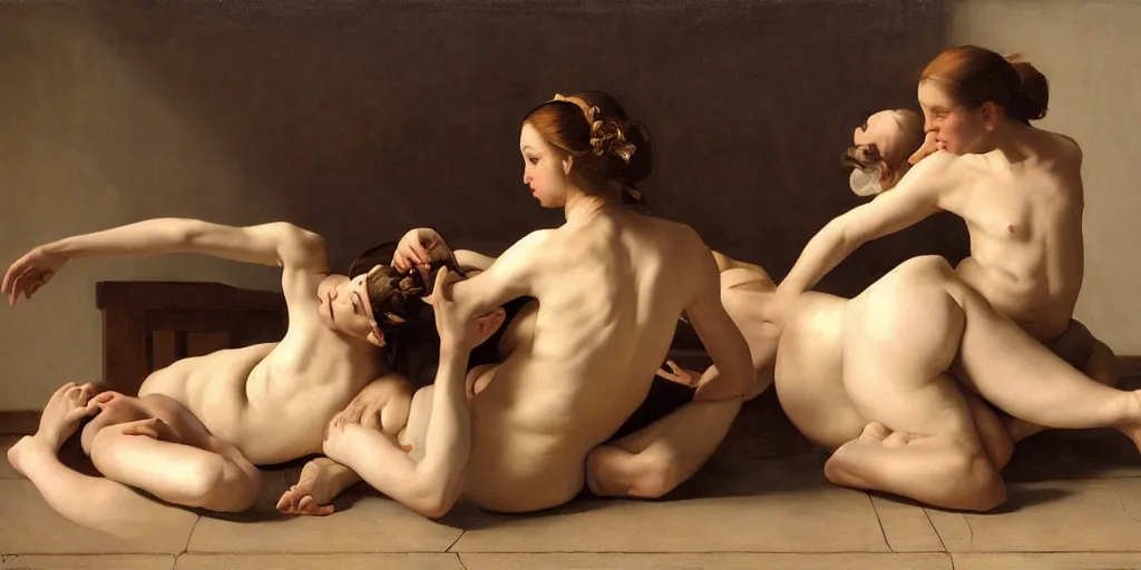 Image similar to beautiful oil matte portrait painting, multiple arms legs and torsos intertwined, wonderful masterpiece highly detailed, beautiful cinematic light deep focus, elegant, digital painting, smooth, sharp focus, golden ratio, dramatic illumination, ultra realistic, 8 k, art by artemisia lomi gentileschi and caravaggio